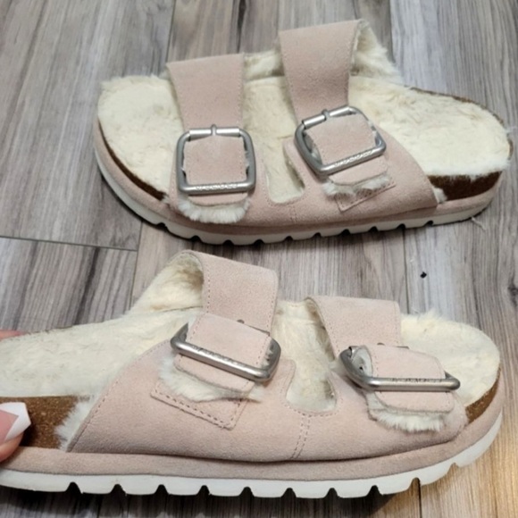 J/Slides Faux Fur Shearling Lined Suede Pink Open Toe Slides Sandals Sz 7.5 - Picture 3 of 12